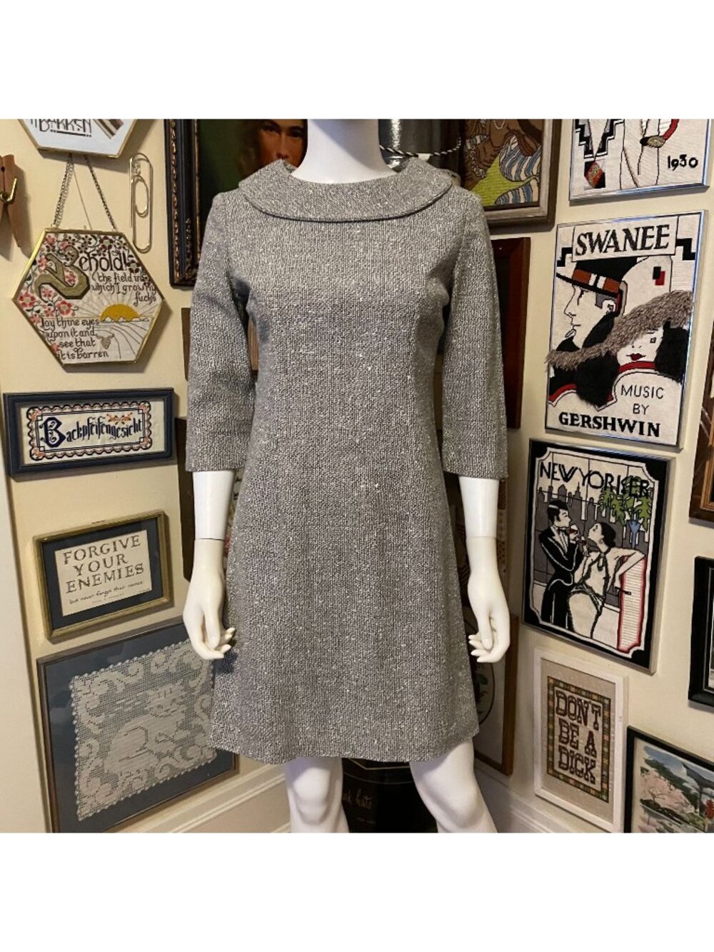 60s Vintage Gray Tweed 3/4 Sleeve A-Line Wiggle Dress Mid Century Style Size M